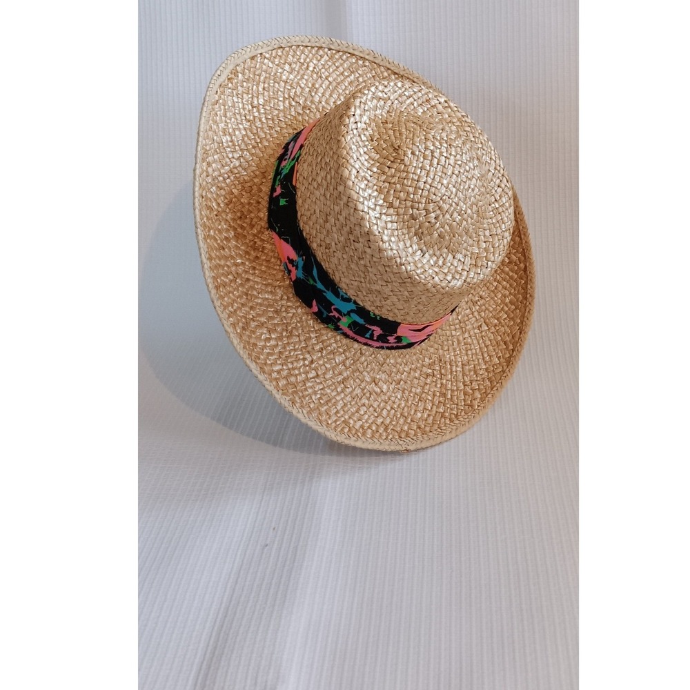 Vintage Made in USA Straw Boater Hat Large Natural Woven Mid Brim Abstract Band - Picture 8 of 9